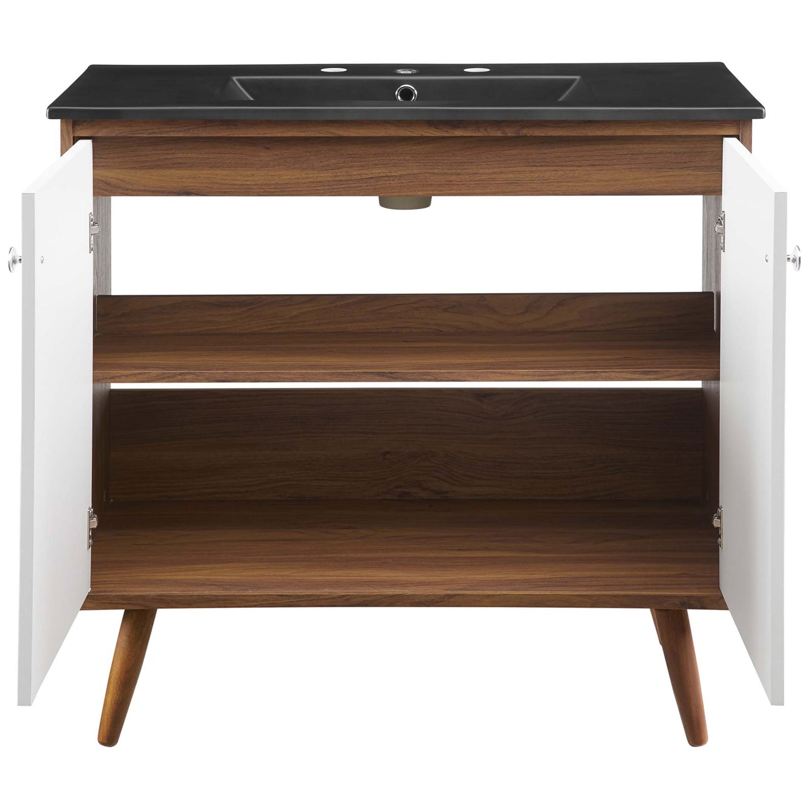 Generous cabinet space with a full-width shelf stores towels and toiletries out of sight || EEI-5394-WAL-BLK || front_open_studio
