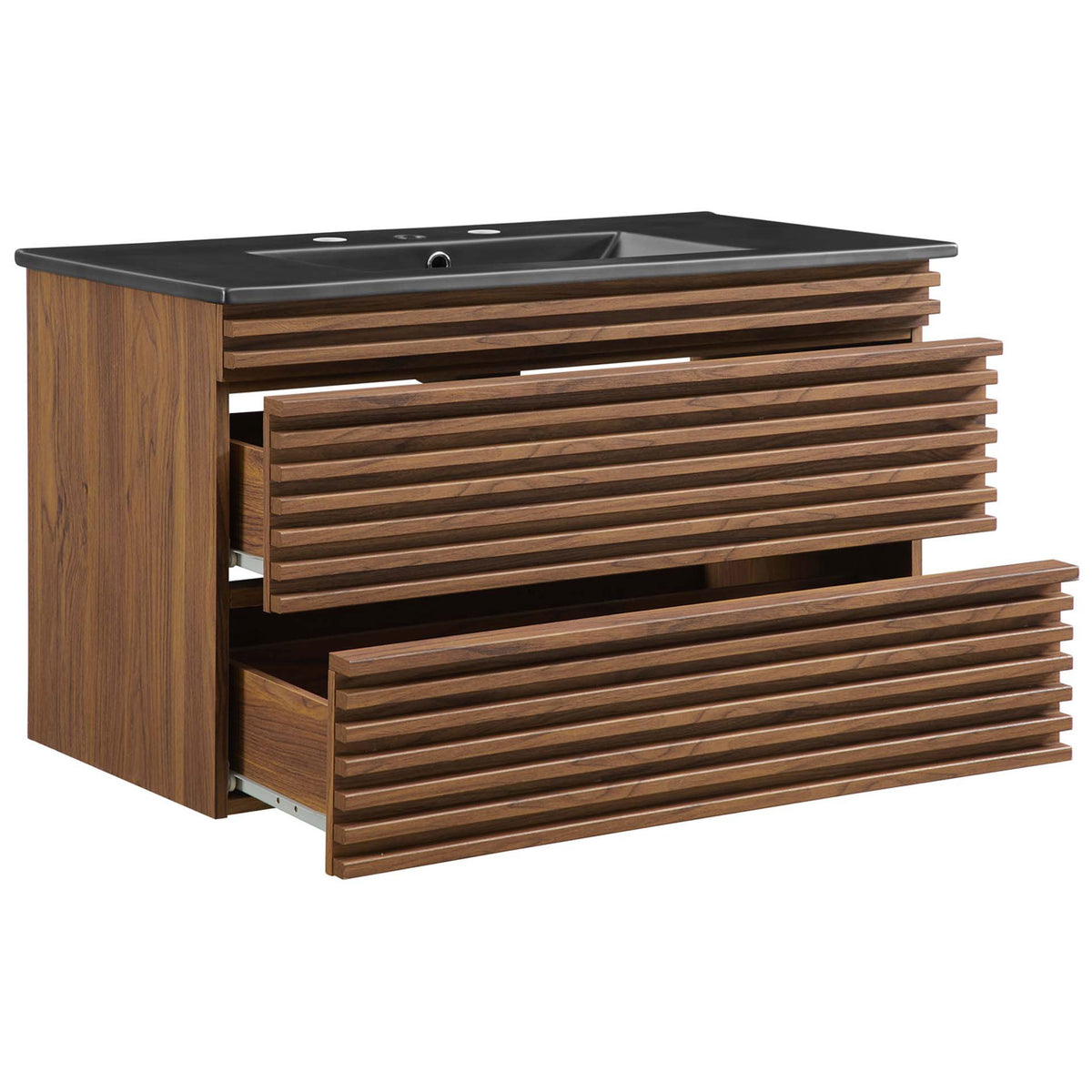 Spacious dual drawers extend smoothly beneath the sleek black ceramic basin. || EEI-5395-WAL-BLK || front_angle_open_studio