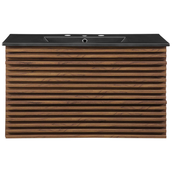 Broad slatted front and matte black sink deliver bold mid-century style. || EEI-5395-WAL-BLK || front_studio