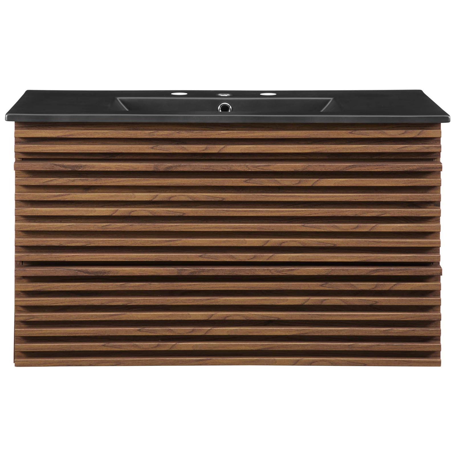 Broad slatted front and matte black sink deliver bold mid-century style. || EEI-5395-WAL-BLK || front_studio