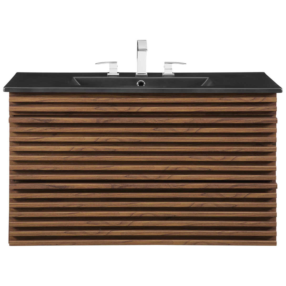Rectangular basin with three-hole deck tops the statement walnut slatted cabinet. || EEI-5395-WAL-BLK || front_studio