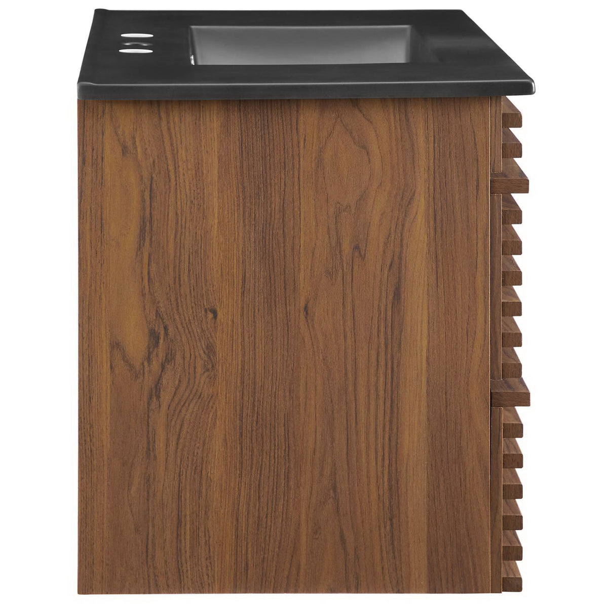 Refined walnut grain side profile accentuates the floating installation. || EEI-5395-WAL-BLK || side_studio