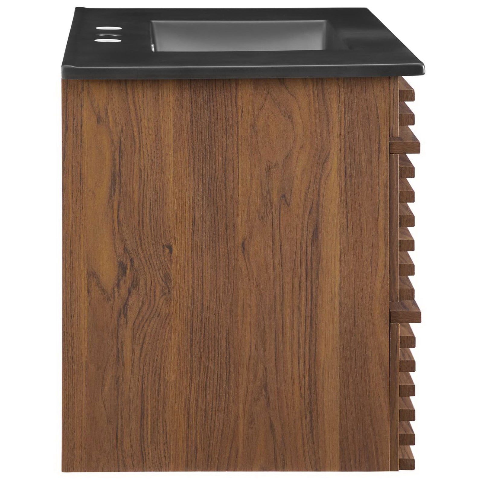 Refined walnut grain side profile accentuates the floating installation. || EEI-5395-WAL-BLK || side_studio