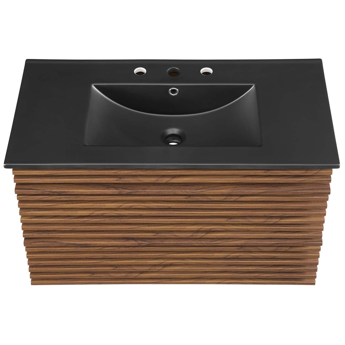 Expansive black ceramic sink with integrated counter and three faucet holes. || EEI-5395-WAL-BLK || top_studio
