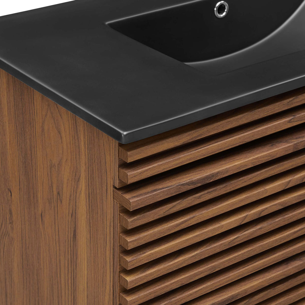 Textured horizontal slats and smooth matte basin create a striking contrast. || EEI-5395-WAL-BLK || detail_studio