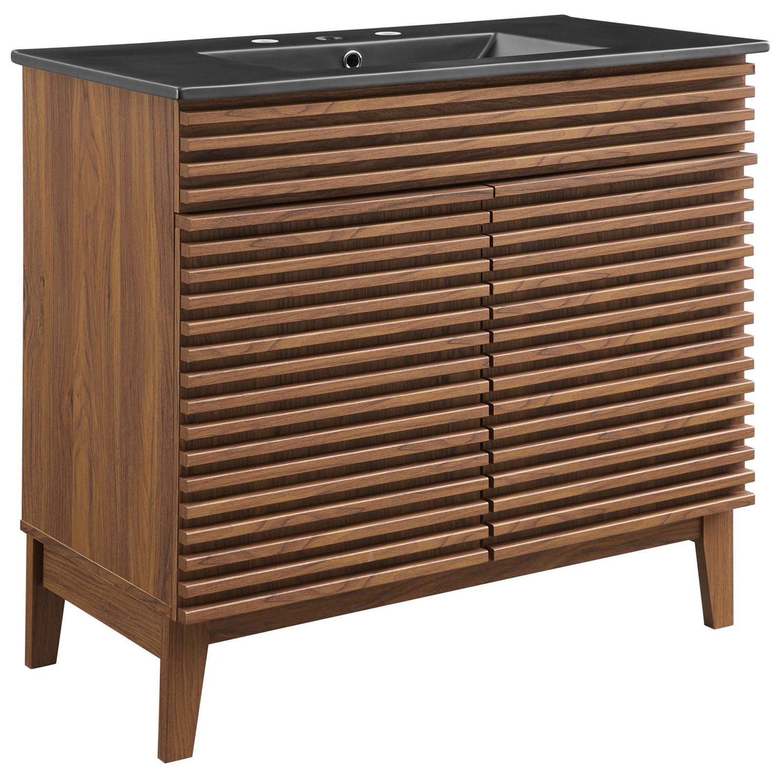 Wider walnut slatted-front vanity with black integrated sink makes a refined statement || EEI-5396-WAL-BLK || front_angle_studio