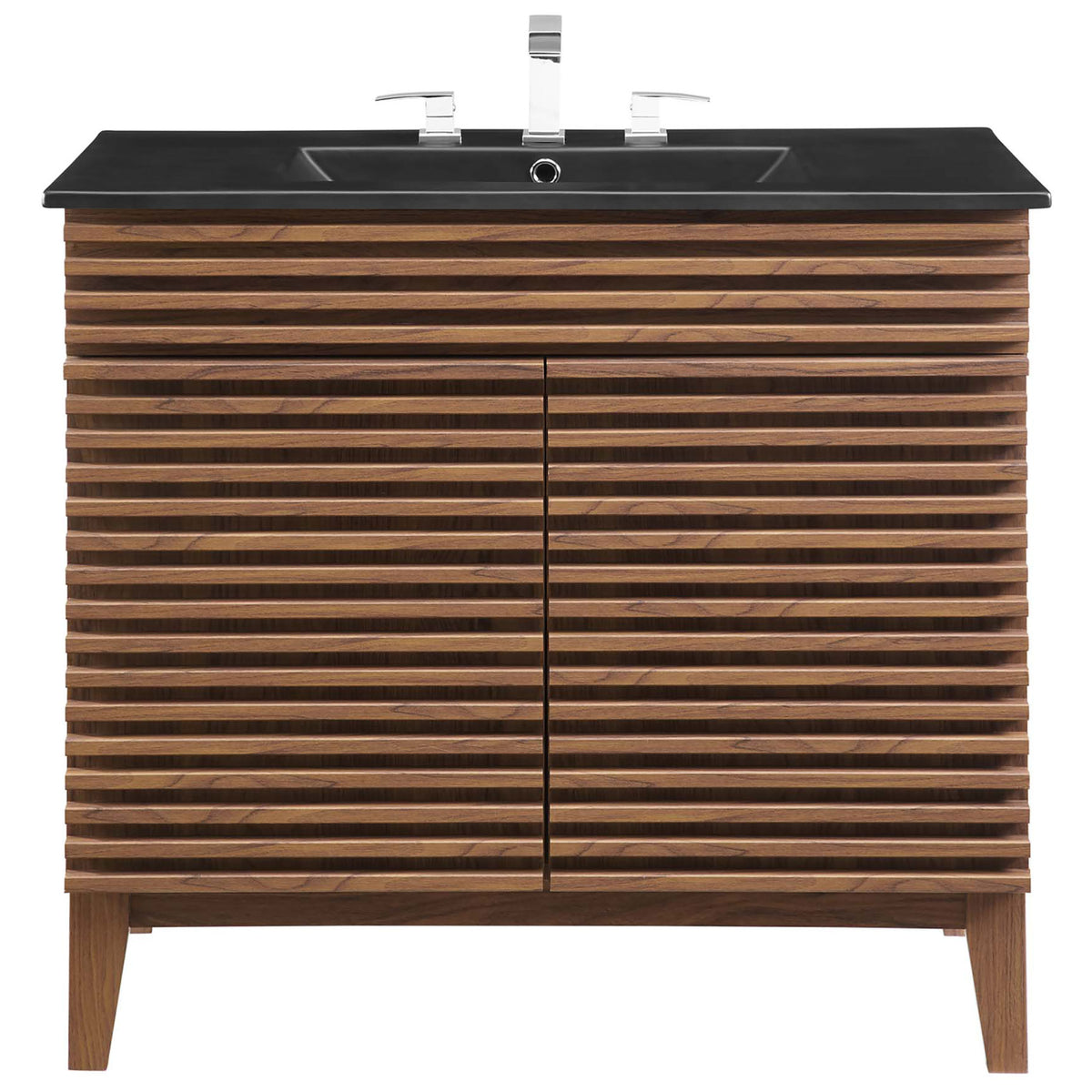 Sleek black basin and louvered walnut doors deliver crisp mid-century style || EEI-5396-WAL-BLK || front_studio