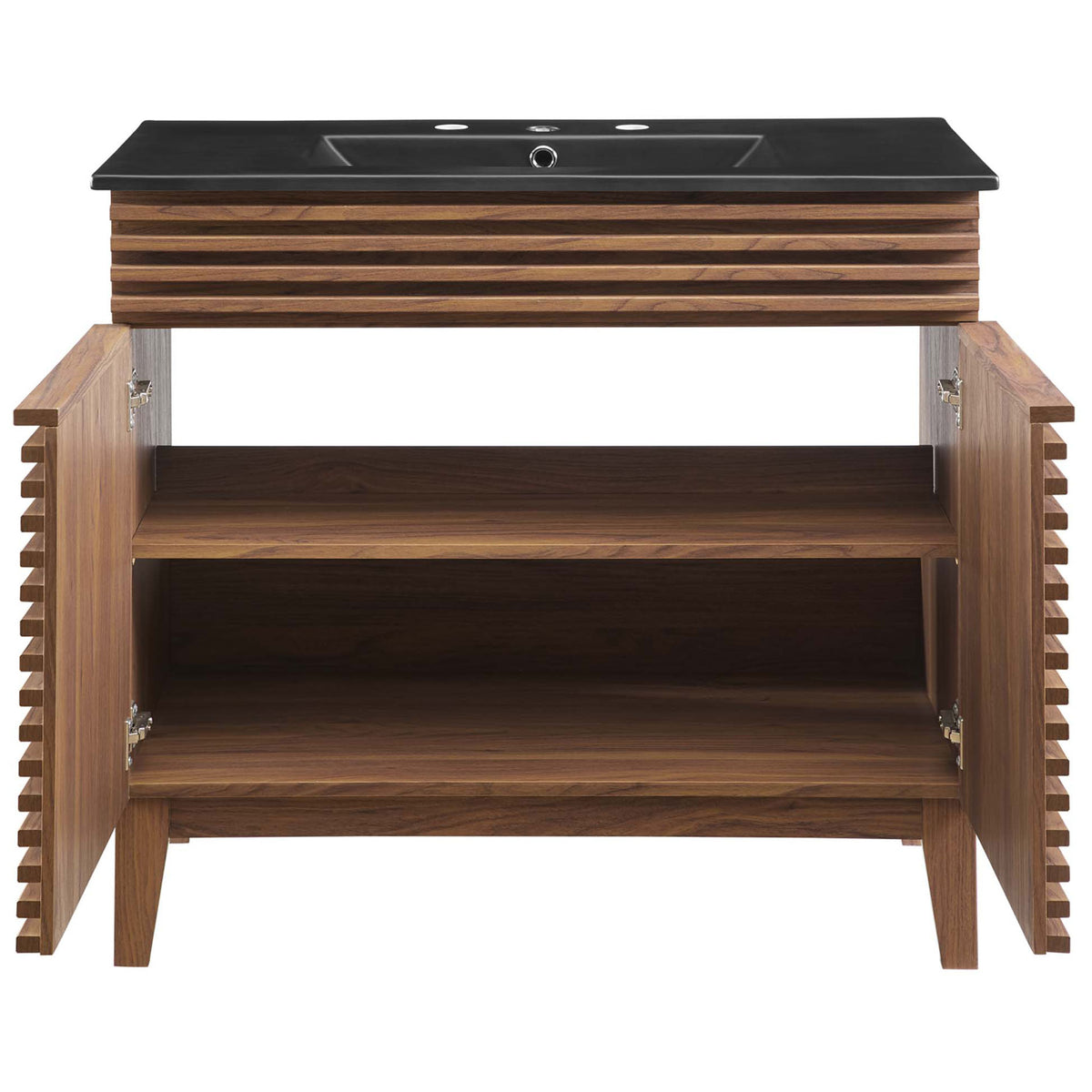 Generous storage space with full-width shelf behind dual doors || EEI-5396-WAL-BLK || front_open_studio