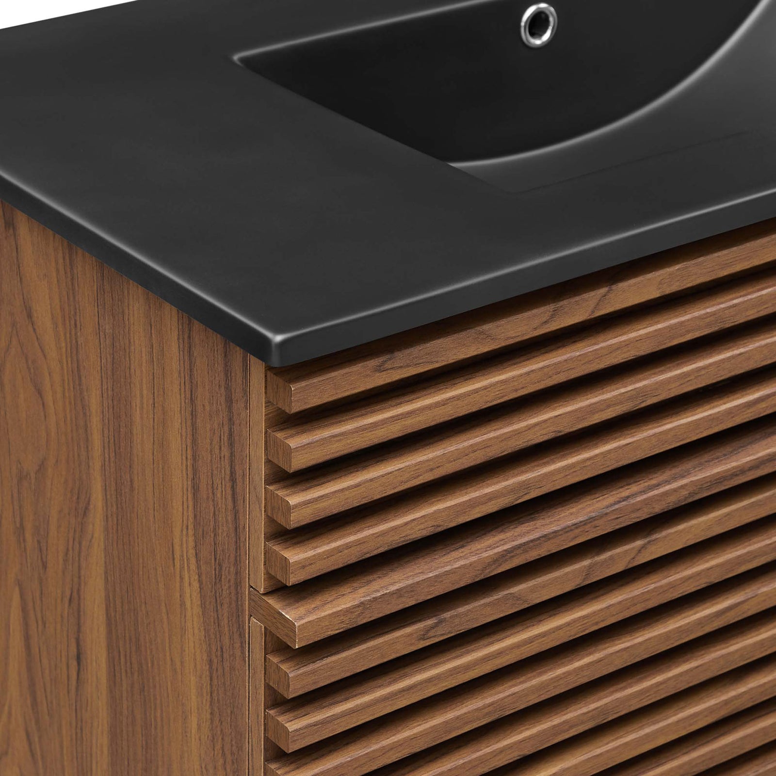 Detail of the ribbed door texture and smooth black countertop || EEI-5396-WAL-BLK || detail_studio