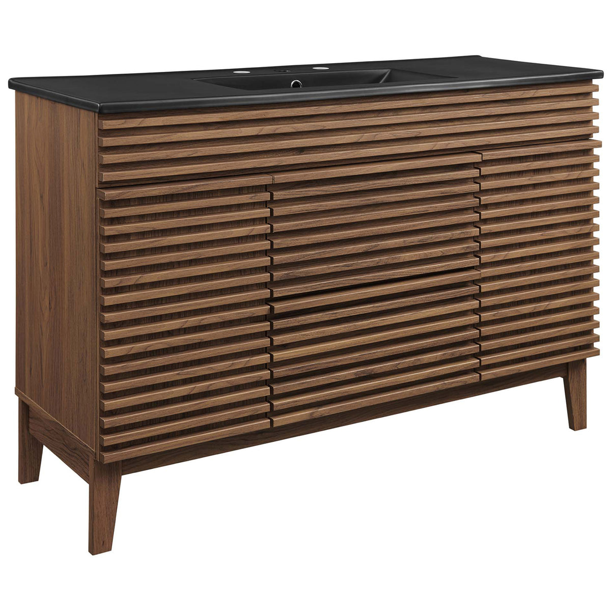 Walnut vanity with slatted front and matte black integrated sink on tapered legs for mid-century style || EEI-5398-WAL-BLK || front_angle_studio