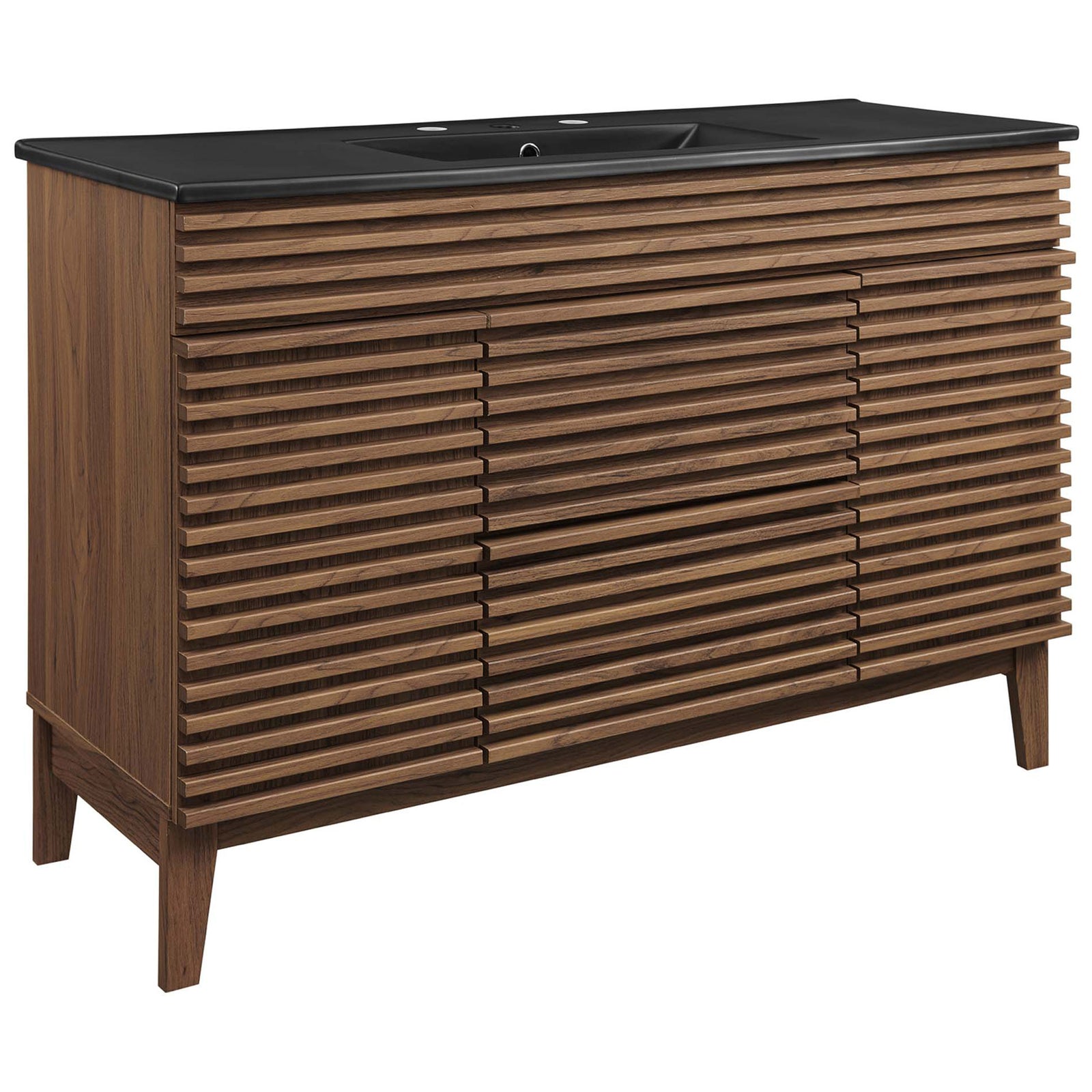 Walnut vanity with slatted front and matte black integrated sink on tapered legs for mid-century style || EEI-5398-WAL-BLK || front_angle_studio
