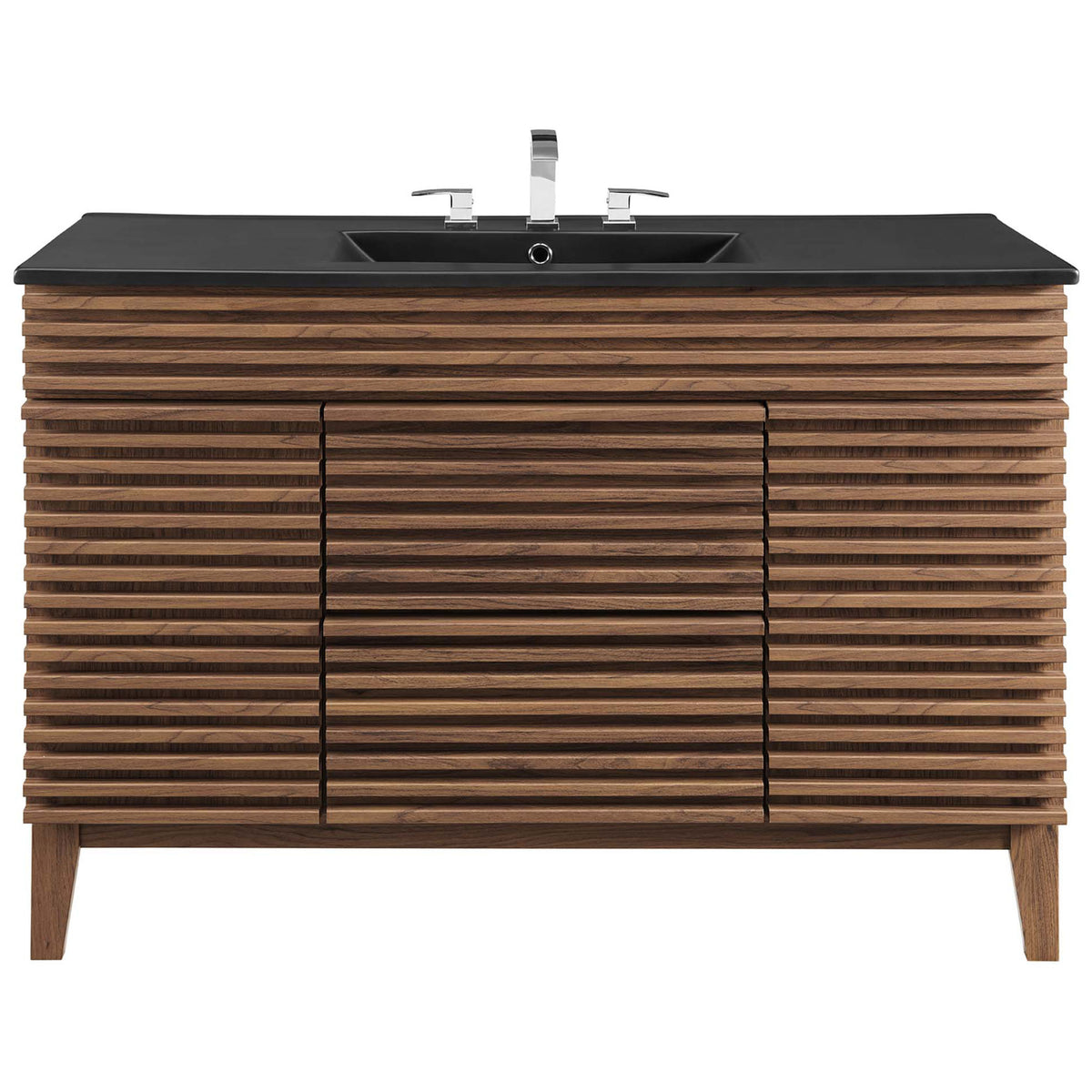 Clean slatted facade and black countertop elevate this 48-inch single-sink vanity || EEI-5398-WAL-BLK || front_studio
