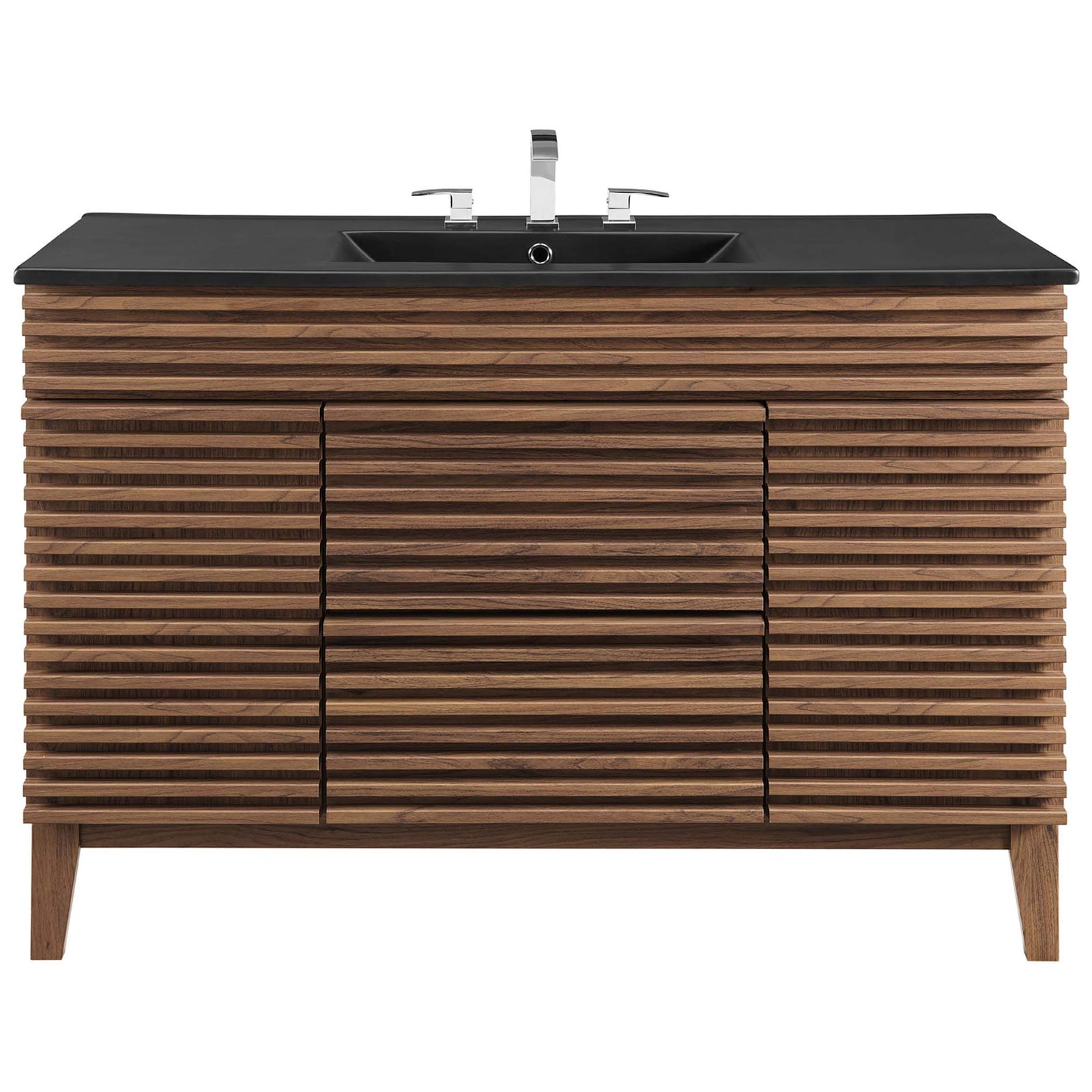 Clean slatted facade and black countertop elevate this 48-inch single-sink vanity || EEI-5398-WAL-BLK || front_studio