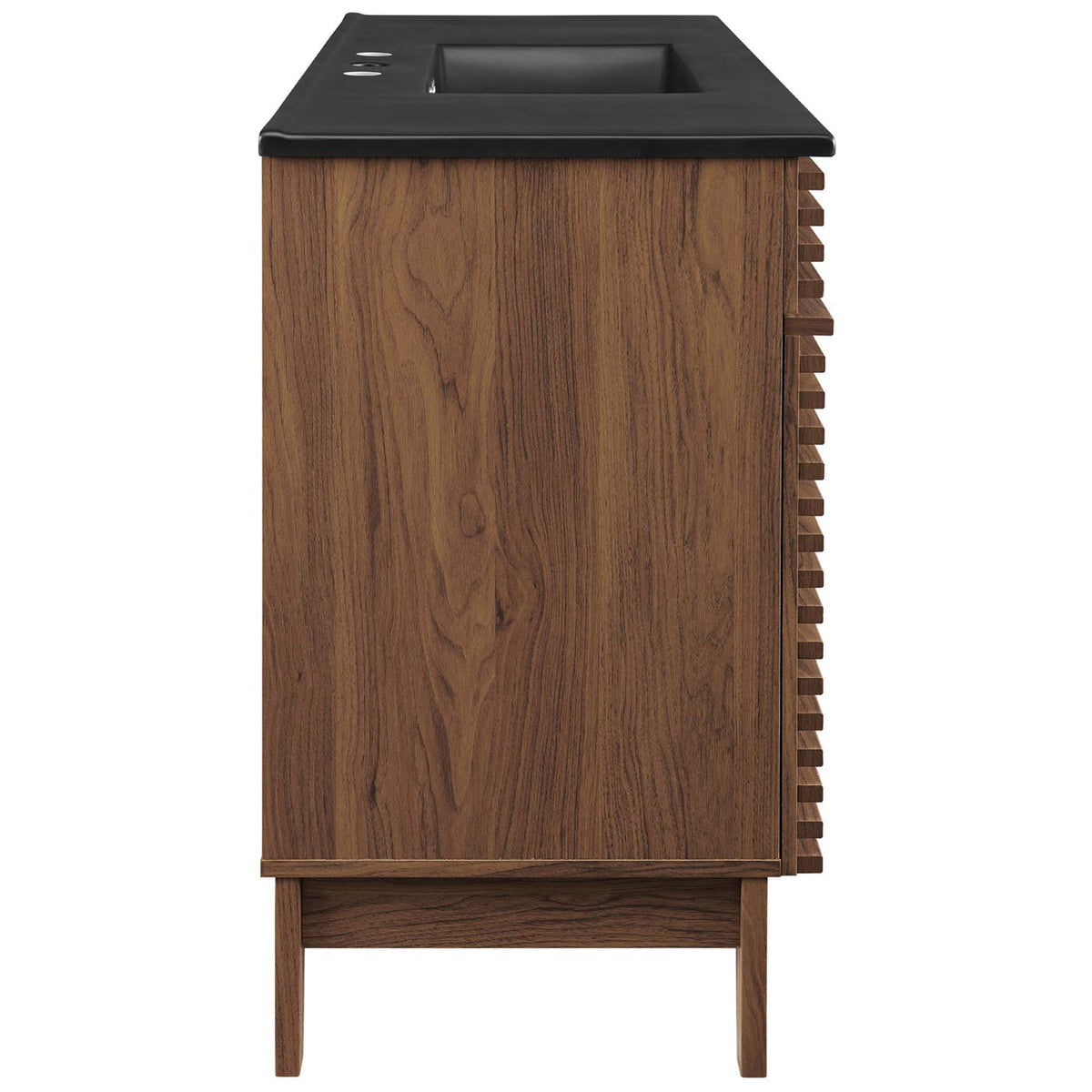 Rich walnut grain laminate and tapered wood legs showcase the vanity's sturdy build || EEI-5398-WAL-BLK || side_studio