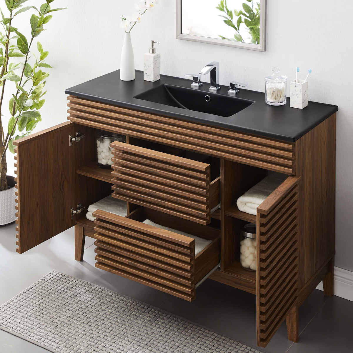 Generous storage layout with dual drawers and side cabinets keeps essentials within reach || EEI-5398-WAL-BLK || front_angle_open_room