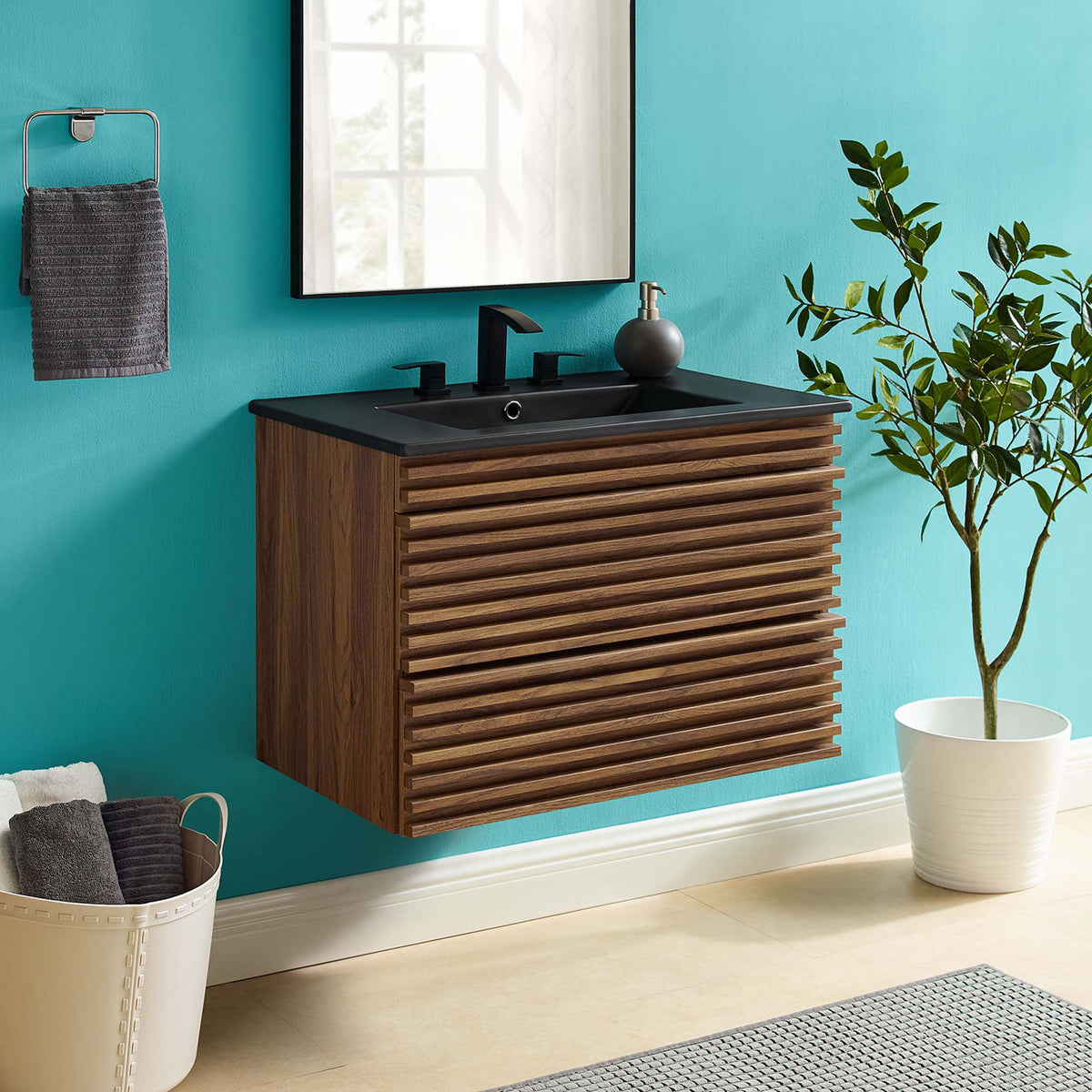 Floating vanity with walnut slats and black sink anchors a fresh, modern bath. || EEI-5417-WAL-BLK || front_room