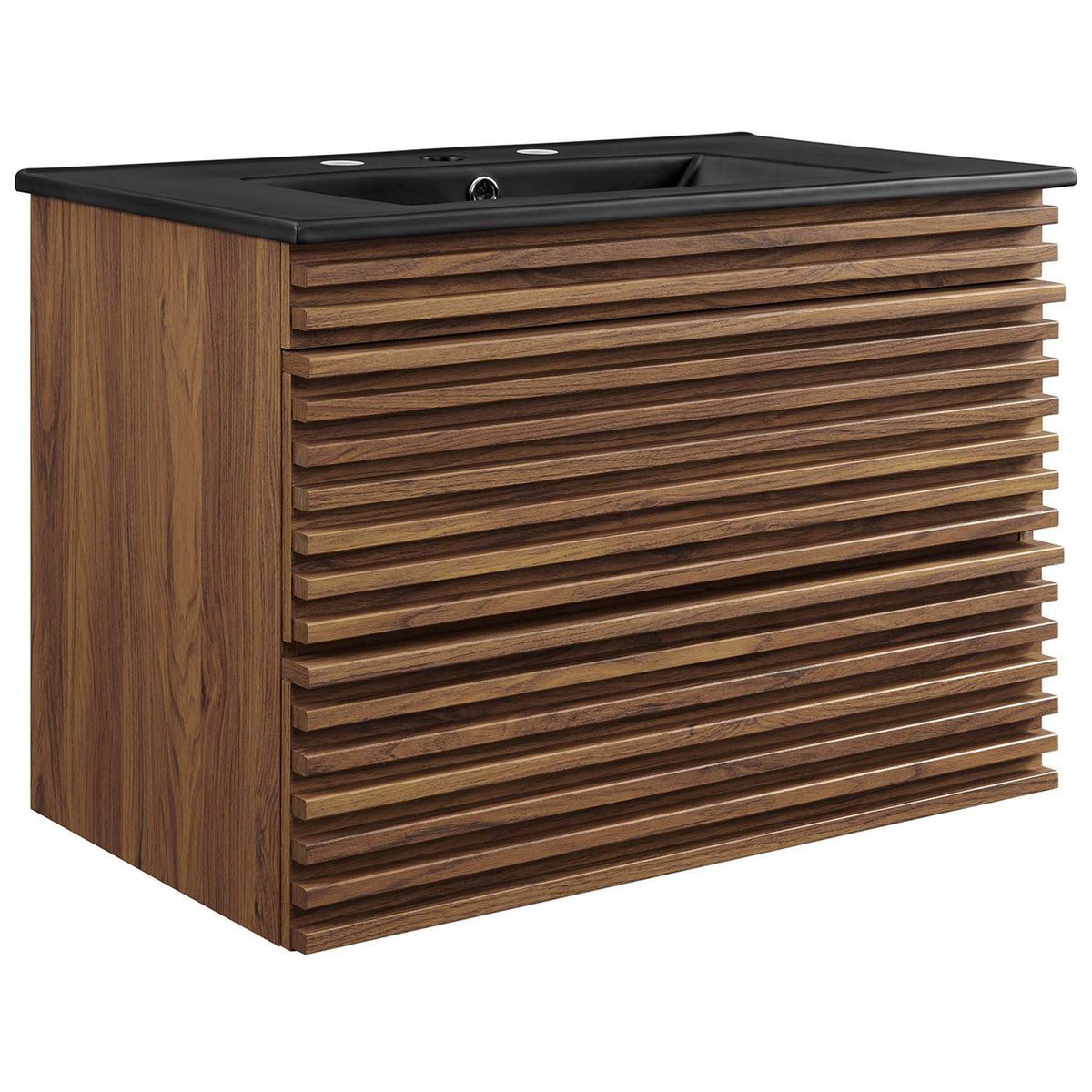 Compact wall-mount vanity with matte black basin and walnut slatted drawers. || EEI-5417-WAL-BLK || front_angle_studio