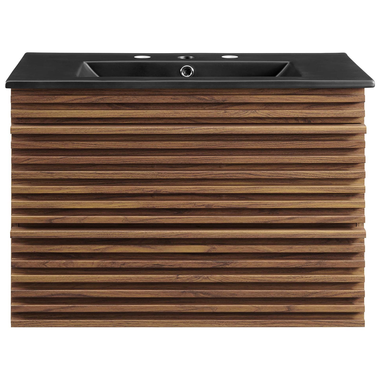 Crisp front view highlights the ribbed walnut drawers and black integrated sink. || EEI-5417-WAL-BLK || front_studio