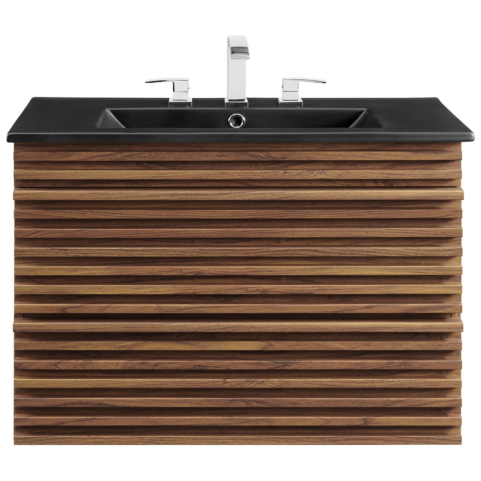 Rectangular basin with three-hole deck crowns the mid-century slatted cabinet. || EEI-5417-WAL-BLK || front_studio