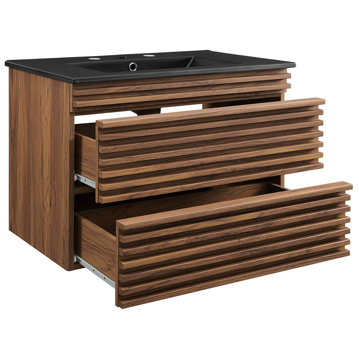 Full-extension drawers slide open smoothly beneath the integrated black basin. || EEI-5417-WAL-BLK || front_angle_open_studio