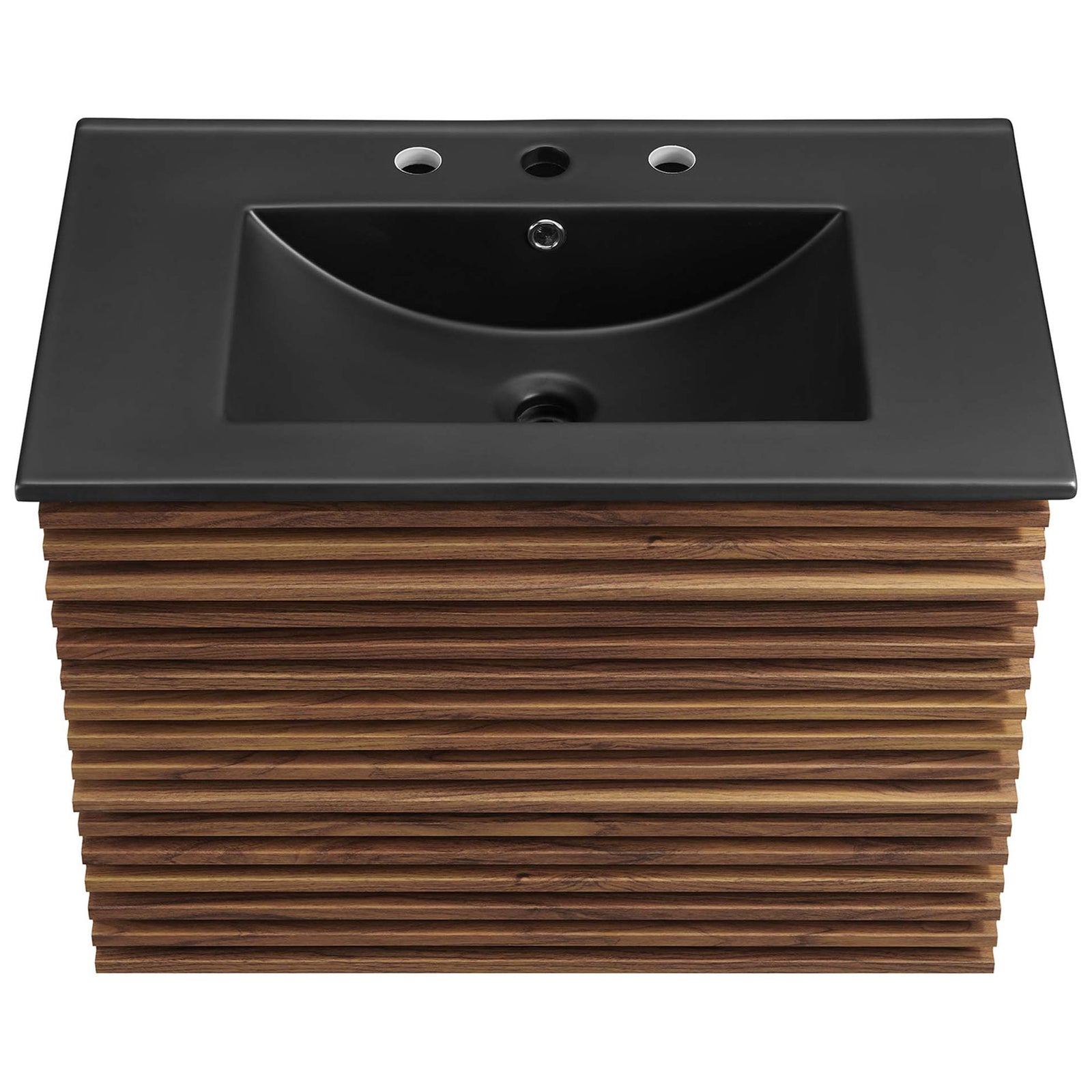 Matte black ceramic sink with integrated counter and triple faucet holes. || EEI-5417-WAL-BLK || top_studio