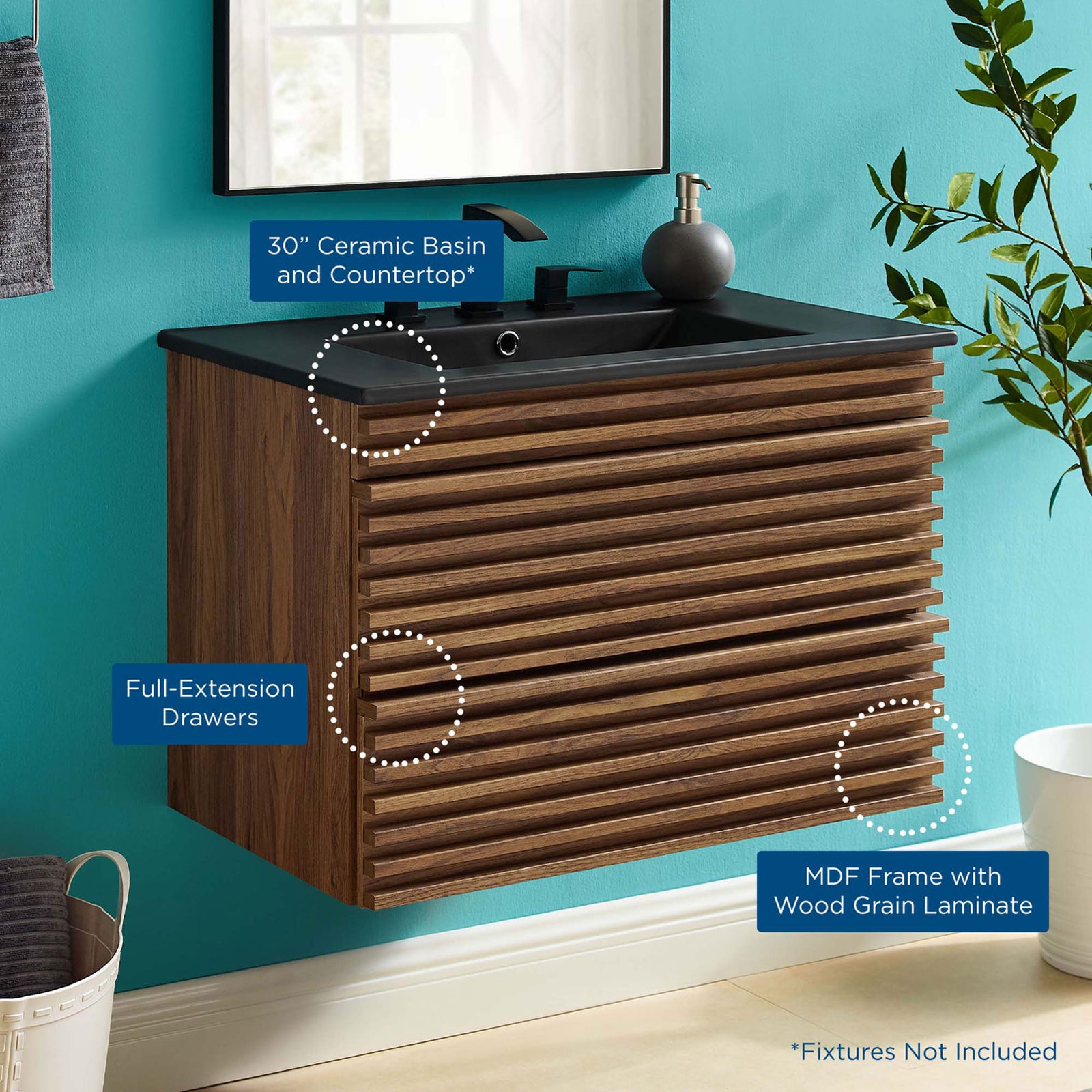 30-inch ceramic basin and full-extension drawers elevate this walnut wall-mount vanity. || EEI-5417-WAL-BLK || callout_room