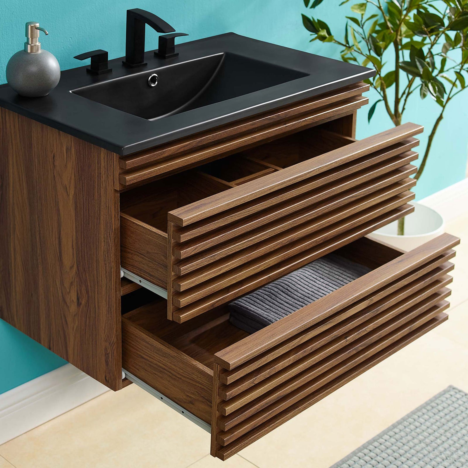 Organized storage in two drawers keeps essentials handy below the integrated sink. || EEI-5417-WAL-BLK || front_angle_open_room
