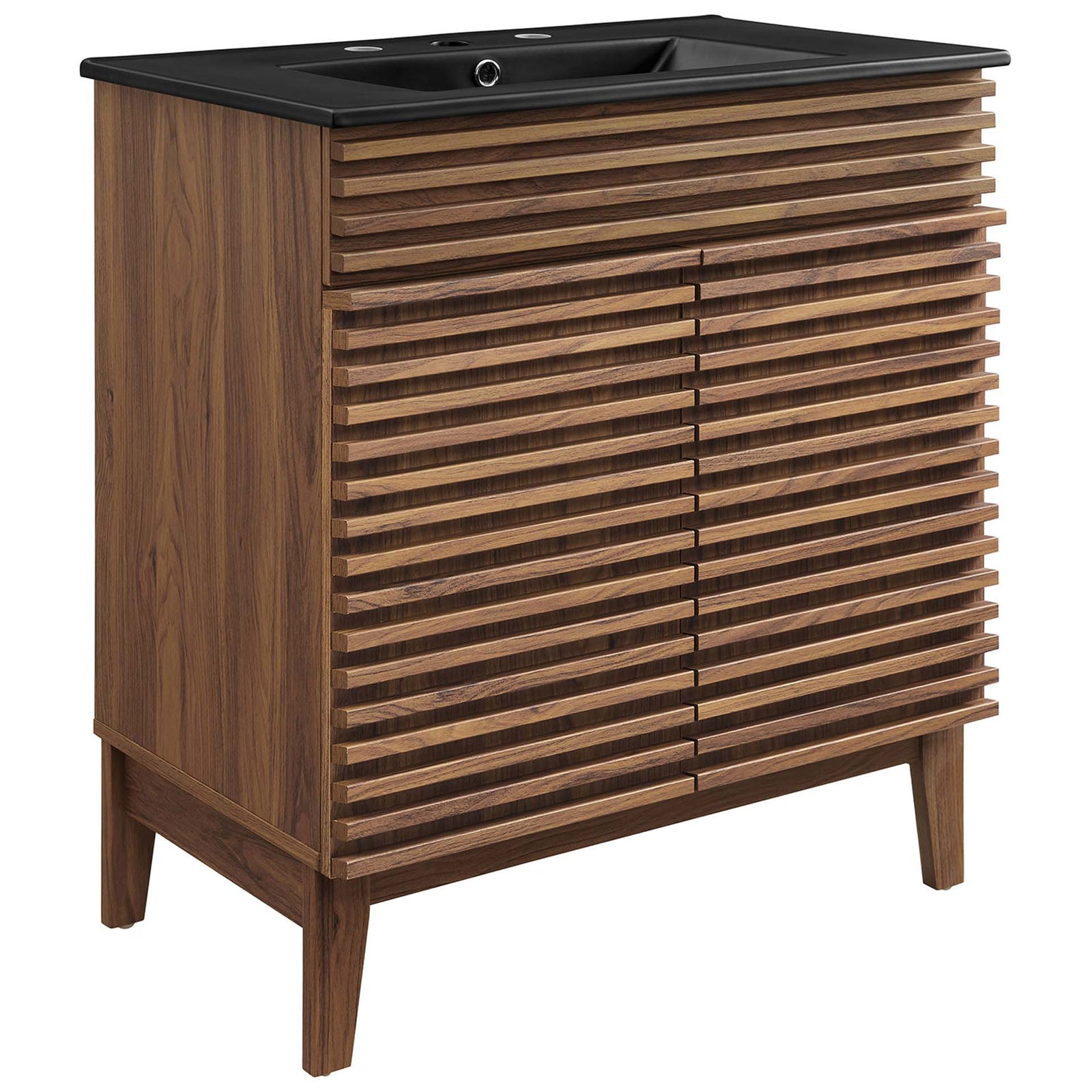 Walnut slatted vanity with tapered legs and a matte black integrated sink || EEI-5418-WAL-BLK || front_angle_studio