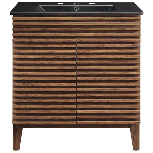 Textured walnut doors pair with a black sink top prepped for 8-inch widespread faucets || EEI-5418-WAL-BLK || front_studio