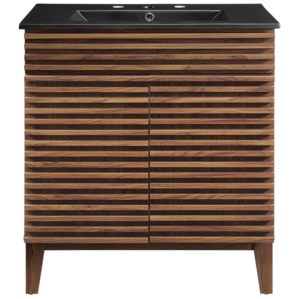Textured walnut doors pair with a black sink top prepped for 8-inch widespread faucets || EEI-5418-WAL-BLK || front_studio
