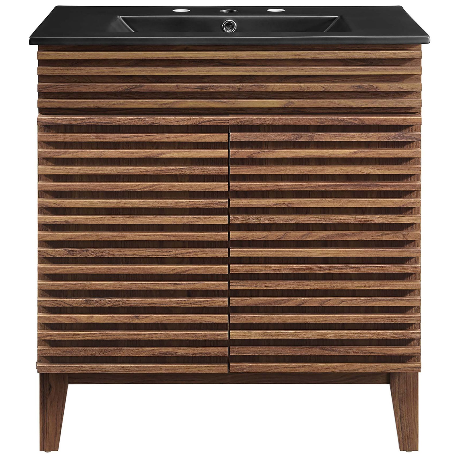 Textured walnut doors pair with a black sink top prepped for 8-inch widespread faucets || EEI-5418-WAL-BLK || front_studio
