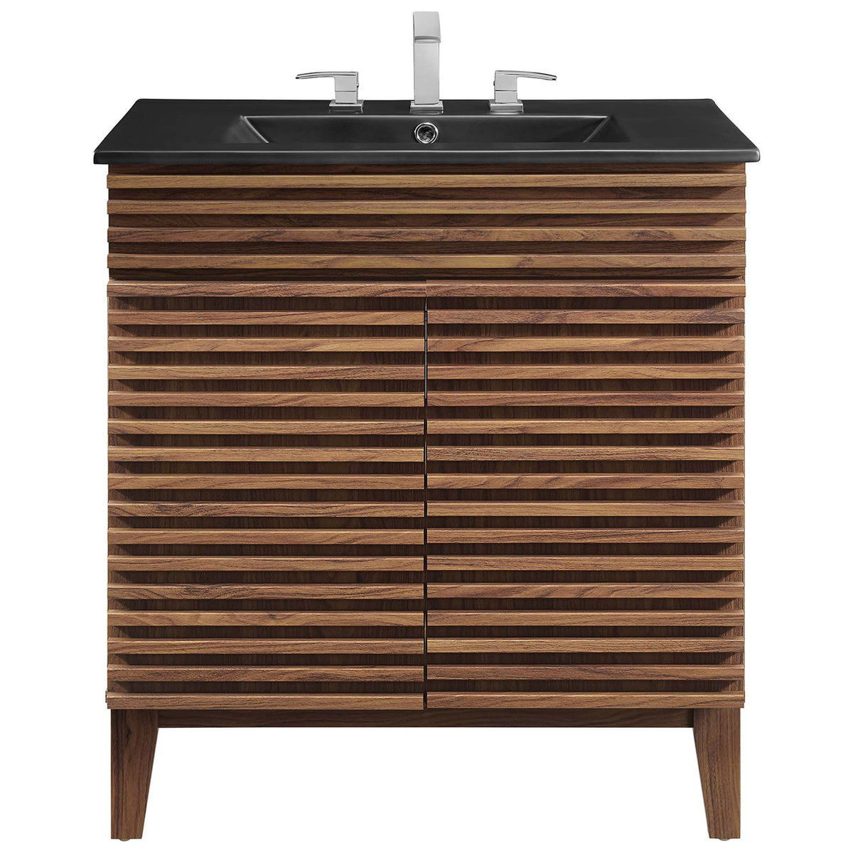 Crisp modern lines and louvered doors frame the sleek black basin || EEI-5418-WAL-BLK || front_studio