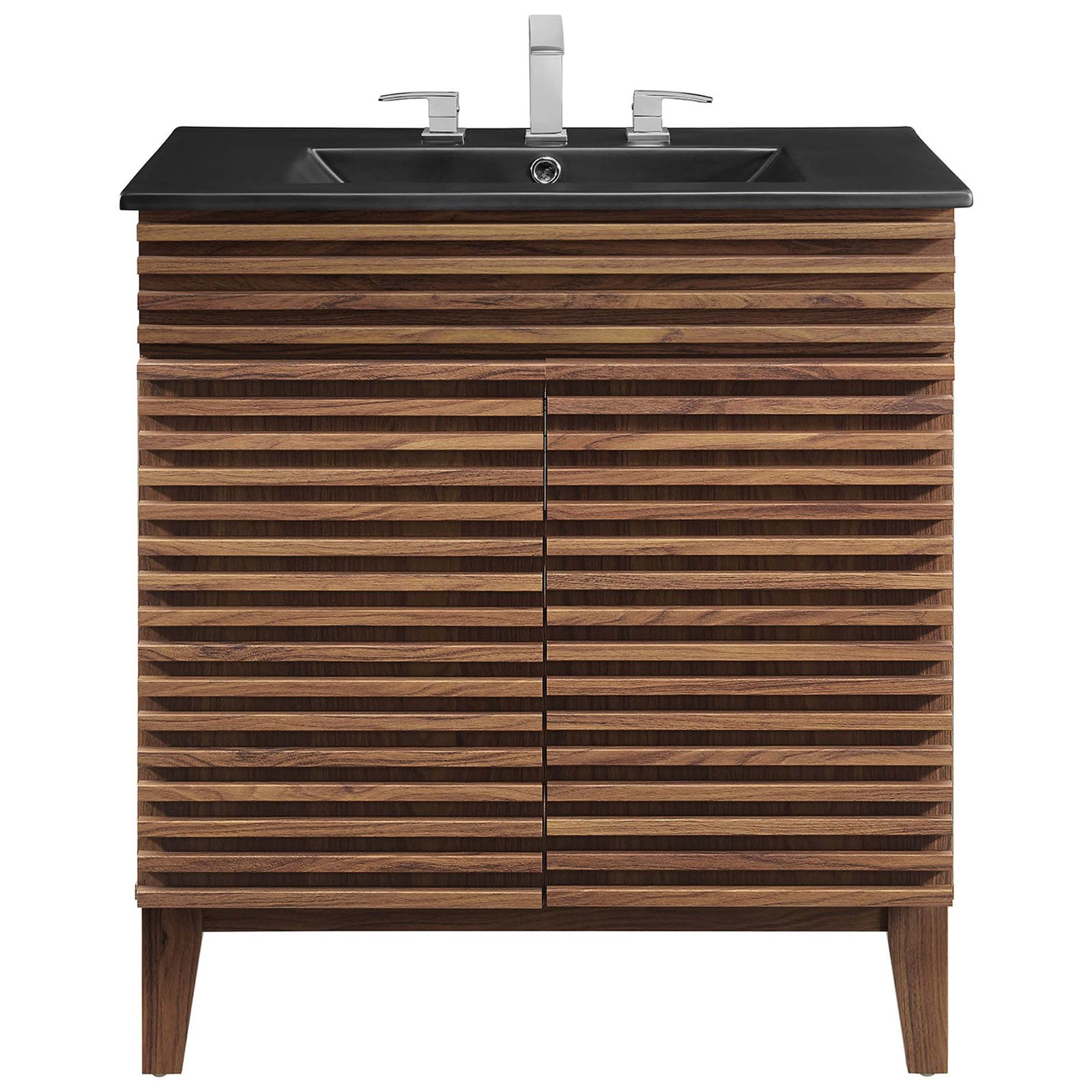Crisp modern lines and louvered doors frame the sleek black basin || EEI-5418-WAL-BLK || front_studio