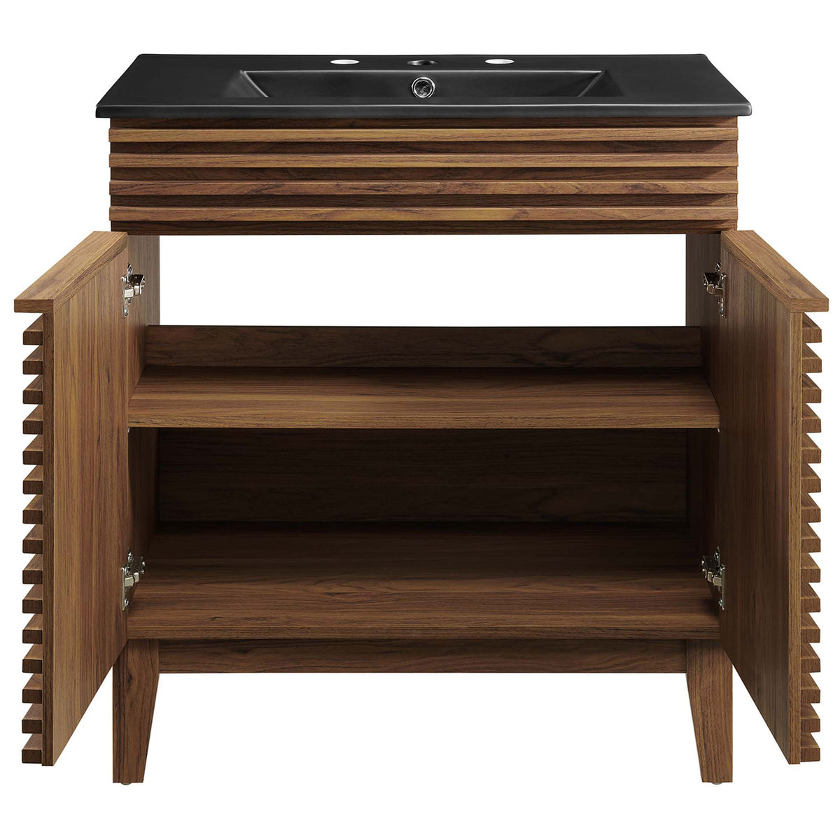 Ample cabinet storage with adjustable shelf behind dual doors || EEI-5418-WAL-BLK || front_open_studio