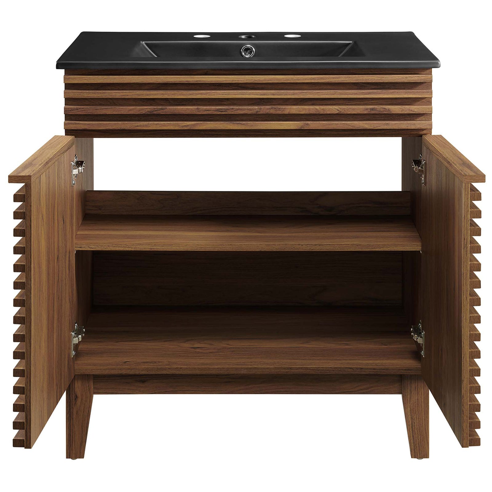 Ample cabinet storage with adjustable shelf behind dual doors || EEI-5418-WAL-BLK || front_open_studio