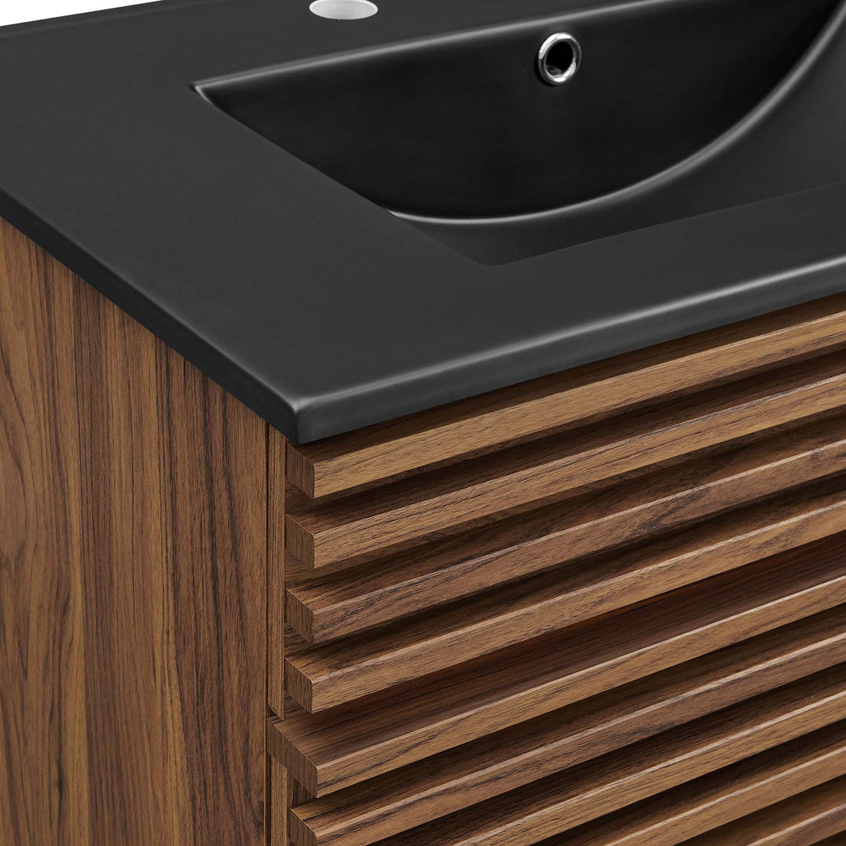Refined wood slat texture meets a smooth black countertop finish || EEI-5418-WAL-BLK || detail_studio