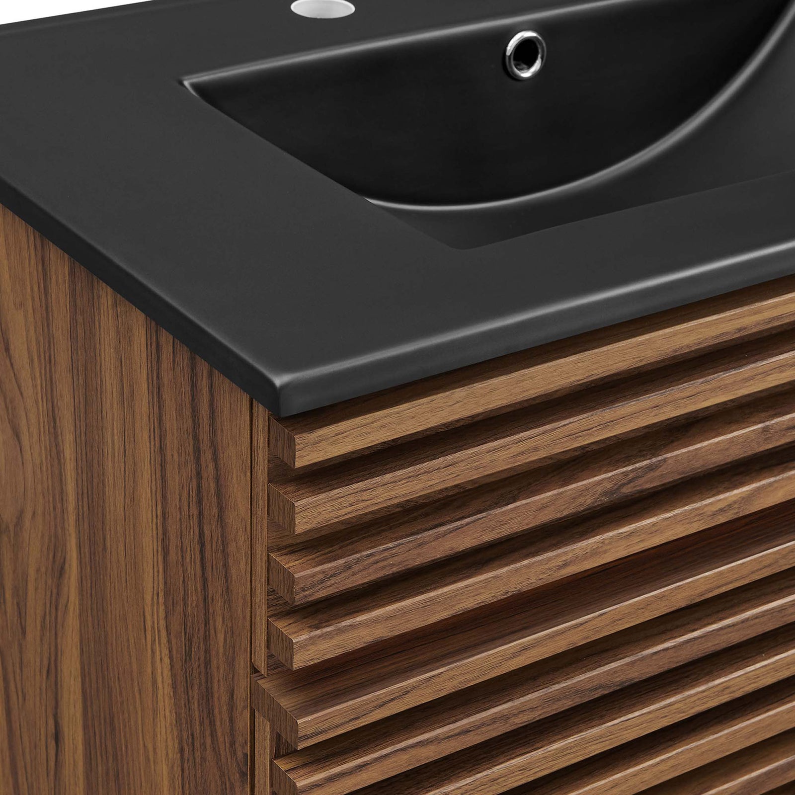 Refined wood slat texture meets a smooth black countertop finish || EEI-5418-WAL-BLK || detail_studio