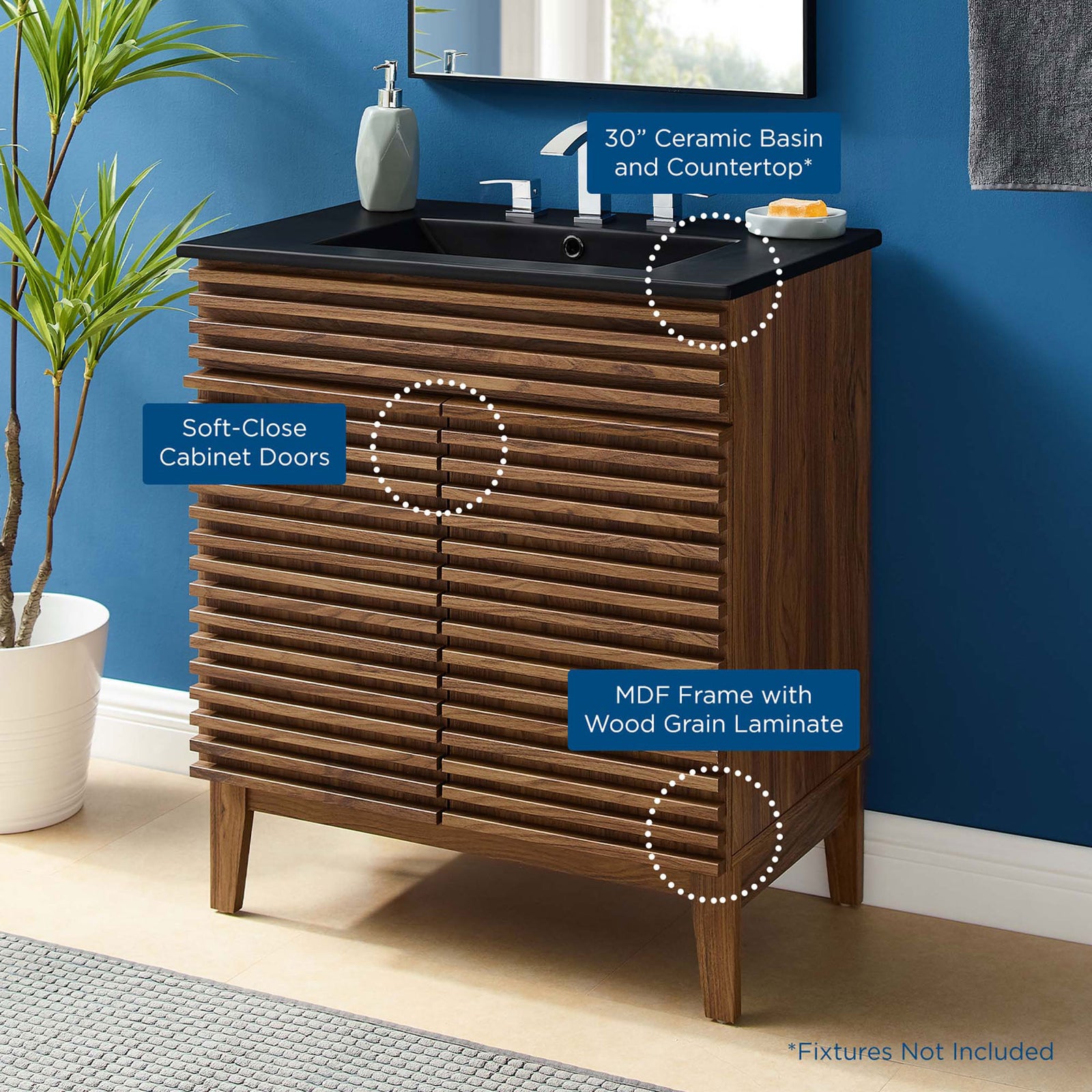 Contemporary bath scene features a walnut slatted vanity with black integrated top || EEI-5418-WAL-BLK || callout_room