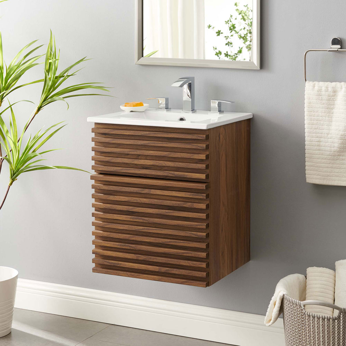 Space-saving wall-mount vanity brings warm walnut texture and modern lines to the bath || EEI-5419-WAL-WHI || front_angle_room