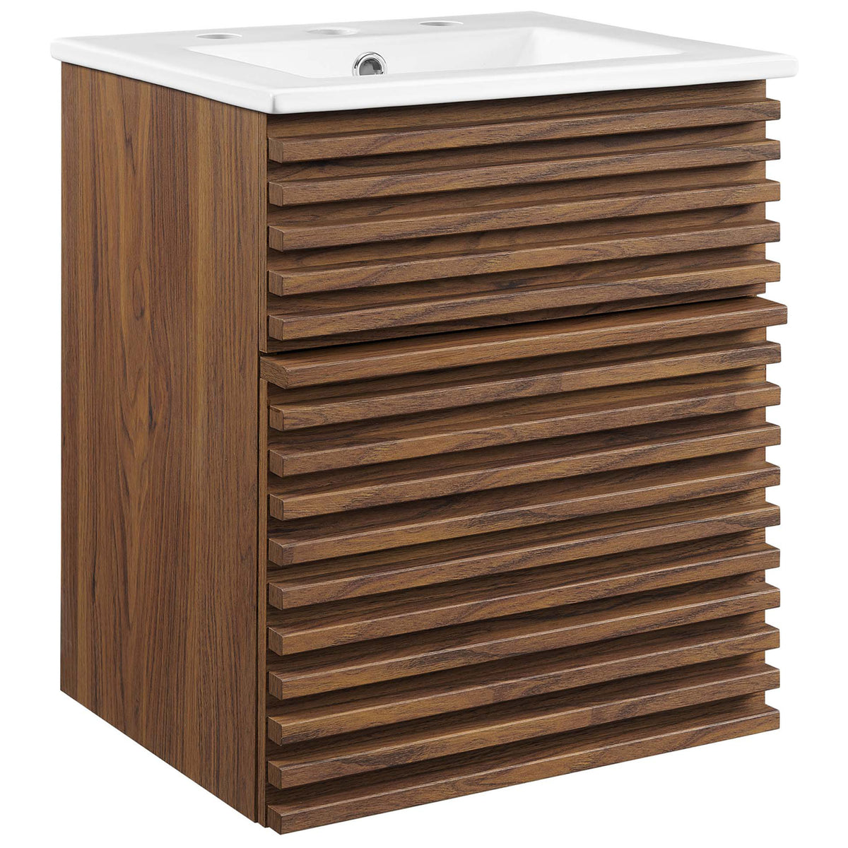 Mid-century wall-mount vanity with slatted walnut front and integrated white ceramic basin || EEI-5419-WAL-WHI || front_angle_studio