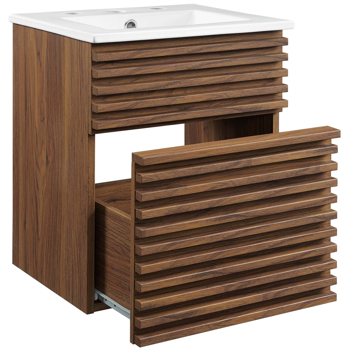 Full-extension drawer glides open beneath the integrated ceramic sink, revealing practical storage || EEI-5419-WAL-WHI || front_angle_open_studio