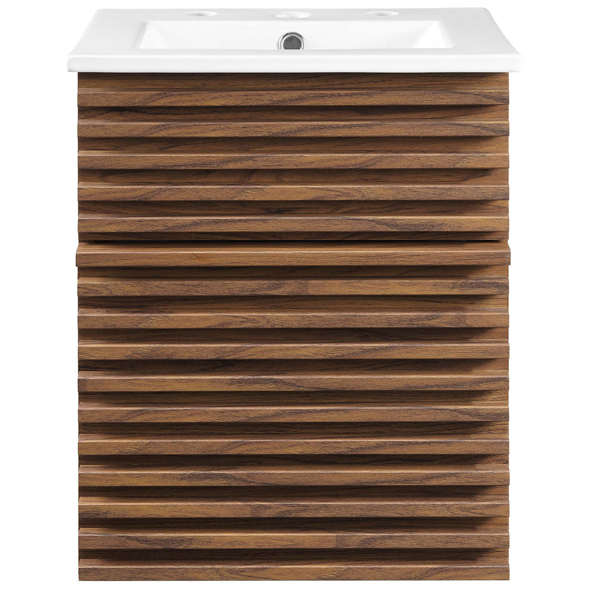 Clean-lined vanity showcasing the geometric slatted facade and integrated basin with three faucet holes || EEI-5419-WAL-WHI || front_studio