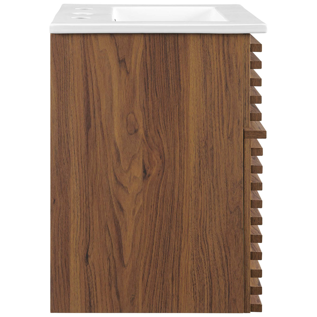Rich walnut wood-grain side pairs with sculpted slatted drawer face and crisp ceramic top || EEI-5419-WAL-WHI || side_studio