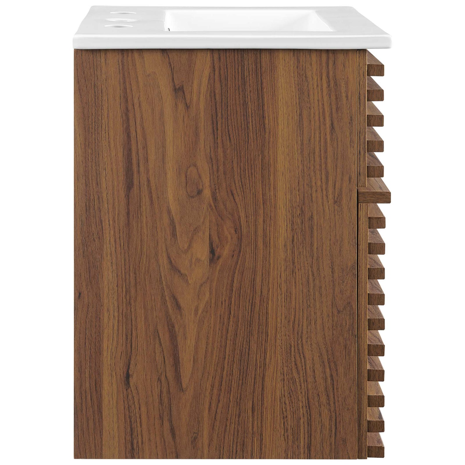 Rich walnut wood-grain side pairs with sculpted slatted drawer face and crisp ceramic top || EEI-5419-WAL-WHI || side_studio