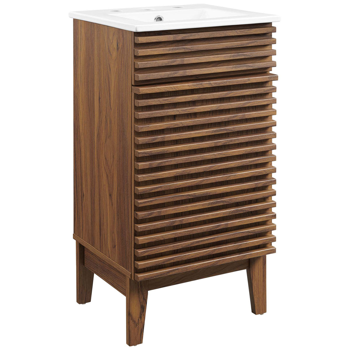 Tapered legs and louvered front deliver warm walnut texture with a crisp ceramic top. || EEI-5420-WAL-WHI || front_angle_studio
