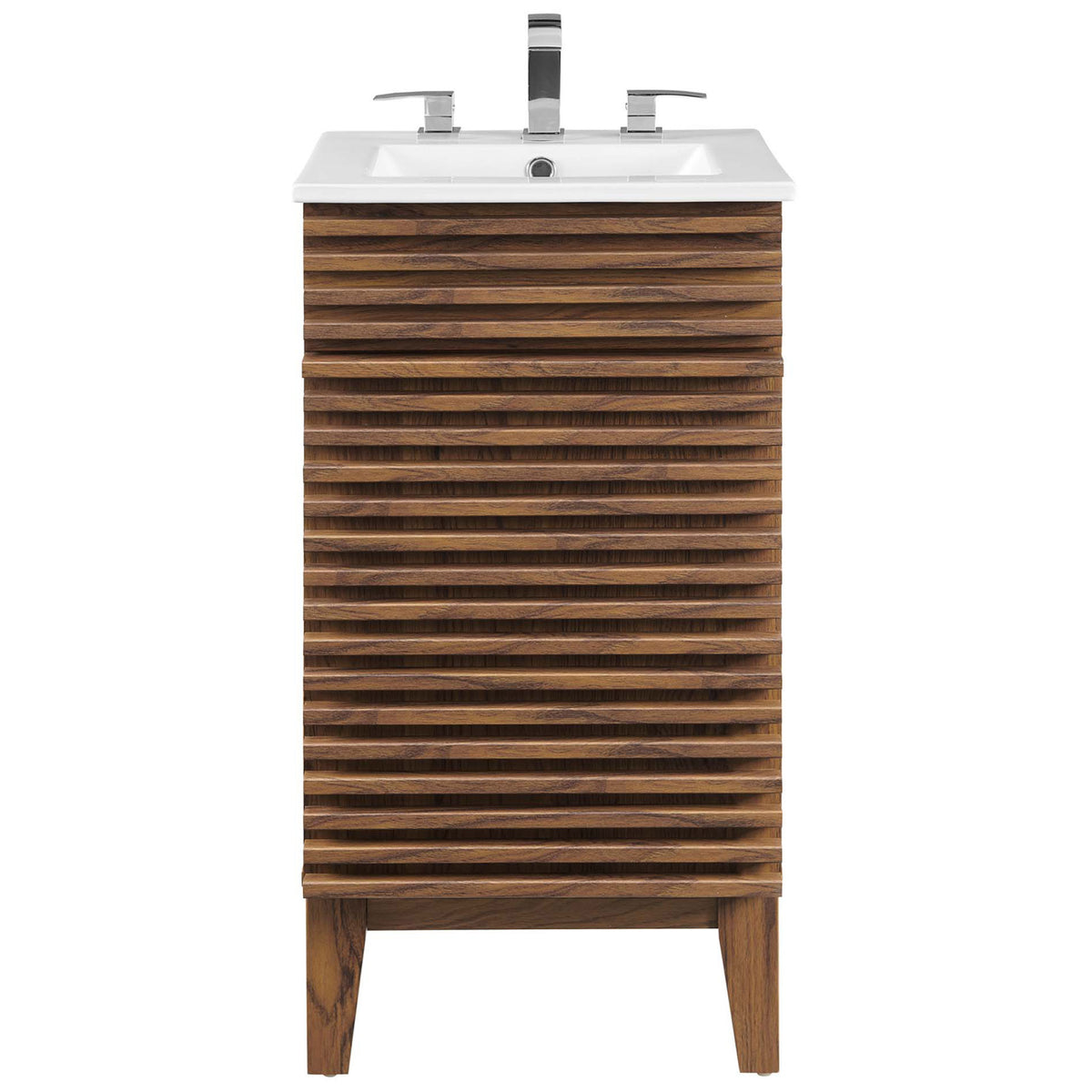 Walnut and white vanity showcasing a three-hole basin compatible with standard faucet hardware. || EEI-5420-WAL-WHI || front_studio