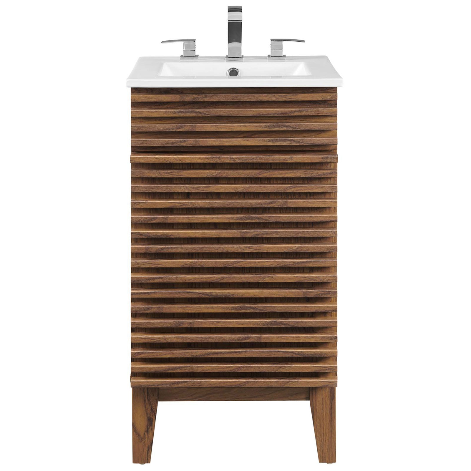 Walnut and white vanity showcasing a three-hole basin compatible with standard faucet hardware. || EEI-5420-WAL-WHI || front_studio