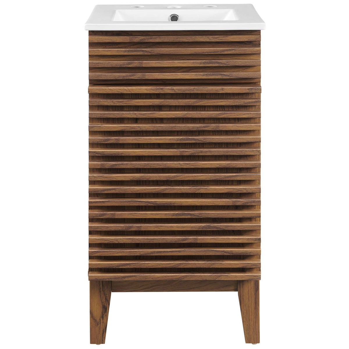 Compact vanity with slatted walnut door and integrated white basin for a clean, mid-century look. || EEI-5420-WAL-WHI || front_studio