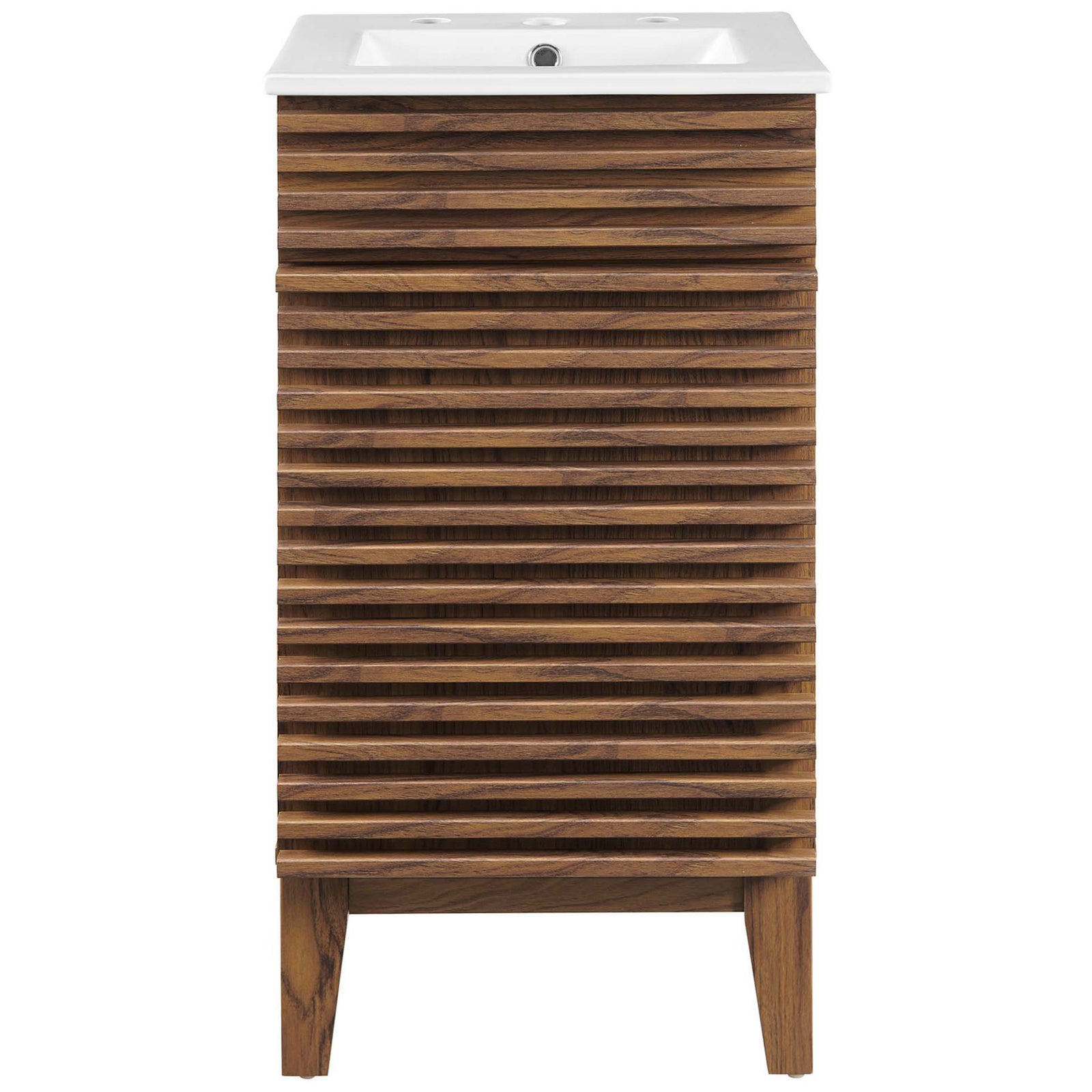 Compact vanity with slatted walnut door and integrated white basin for a clean, mid-century look. || EEI-5420-WAL-WHI || front_studio