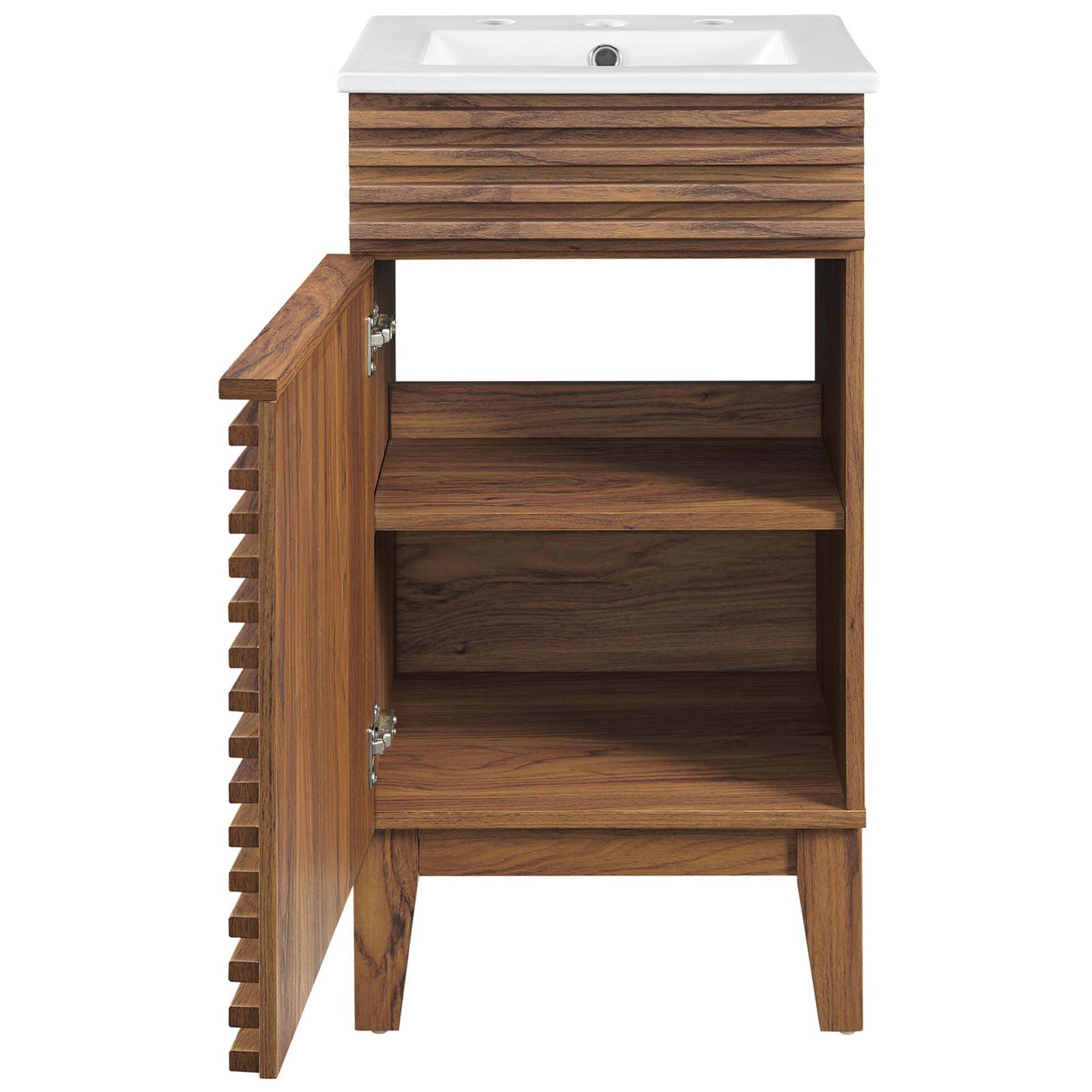 Soft-close door opens to adjustable shelving for organized bathroom storage. || EEI-5420-WAL-WHI || front_open_studio
